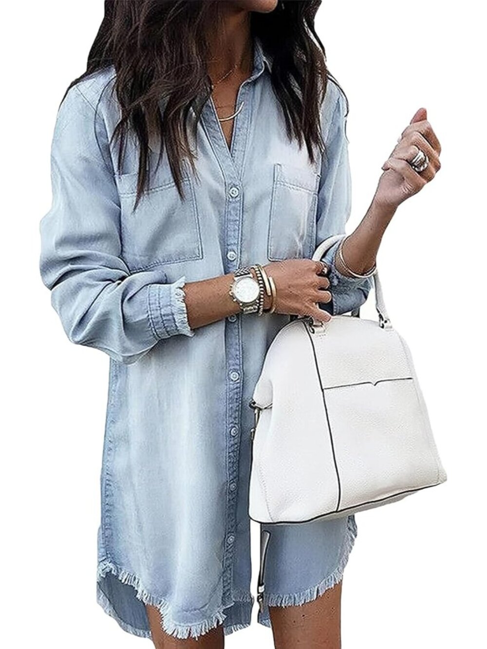 Women Denim Dress Long Sleeve Button Down Jean Shirt